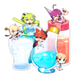 Promotional artwork for the Elsword Cafe featuring select characters wearing their ELS Beach Wear costume sets.